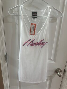 Harley-Davidson White Tank with Pink and Blue Script